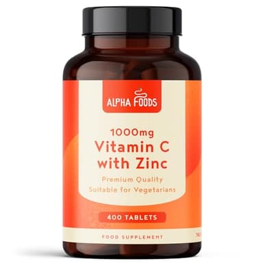 Vitamine C 1000mg + Zinc 15mg | 400 Comprimés Végétarien (1+ An) | pour Fatigue, Système Immunitaire & Peau (EFSA) | Vit C Acide Ascorbique avec Zinc Complement Alimentaire | Alpha Foods