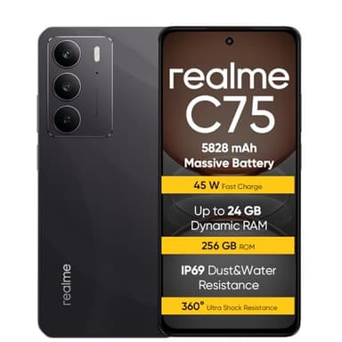 realme C75 Smartphone, 8 Go+16 Go de RAM Dynamique+256 Go ROM, 6.72" FHD+ 90HZ, Telephone Portable, 5828 mAh, 50 MP de caméra AI, Ricarica rapida da 45W, IP69 Verre ArmorShell™, Noir