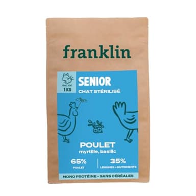 FRANKLIN – Croquettes Chat Senior – Gamme Carnivore – 65% de Poulet – Croquettes sans Céréales – Riches en Protéine – Fermeture Intégrée – Taille 9mm – 1kg