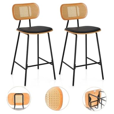 RELAX4LIFE Lot de 2 Tabourets de Bar en Rotin, Chaise Haute Bar Cuisine Bohème avec Cadre Métallique, Chaise Cannage avec Repose-Pieds, Assise 65,5 CM, Charge 140 KG pour Café Salon Bistro