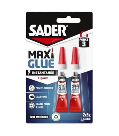 Sader Maxiglue Liquide – Super Glue Universelle – Tous Matériaux – Colle de Réparation à Prise Rapide – Colle Extra Forte –Transparente – 2 Tubes de 3 g