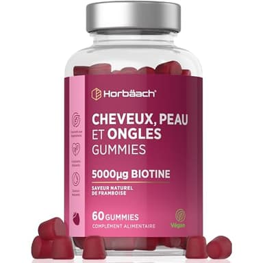 Gummies Cheveux Ongles et Peau | Avec Biotine 5000 mcg, Zinc, Vitamine B, C, E et plus | 60 Gommes Végétaliennes | Goût Framboise | Hair Skin Nails Gummies | by Horbaach