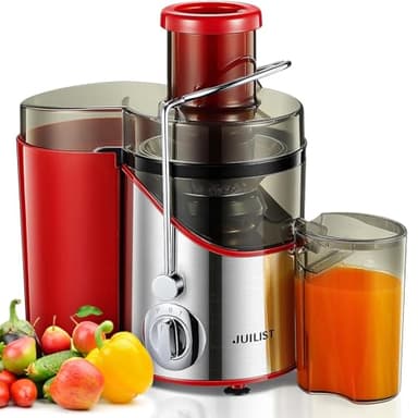 JUILIST Centrifugeuse Extracteur de Jus, pour fruits et Légumes, Goulotte d'Alimentation 65 mm, 3 Réglages, Avec Brosse de Nettoyage, Facile à Nettoyer, Sans BPA, Rouge