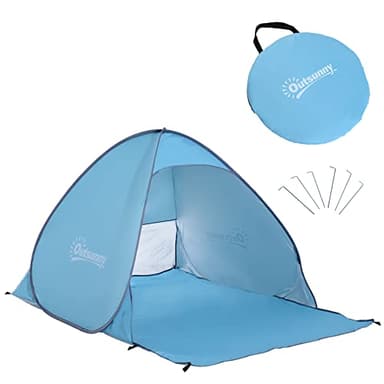 Outsunny Abri de Plage Tente de Plage Pliable Pop-up Automatique instantané Protection UV fenêtre arrière Grand Tapis de Sol Bleu Ciel