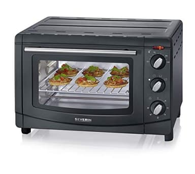 SEVERIN Mini-Four 20 L avec grille et plaque de cuisson incluses, Four posable 1 500 W design simple et élégant, Mini-four électrique avec minuteur 60 min, Noir, TO 2067