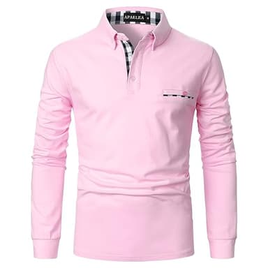 APAELEA Polo de Golf à Manches Longues Homme Coton Contrasté Plaid épissure Lattice Tennis Shirt,Rose,L