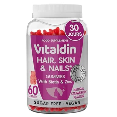 VITALDIN Gummies Cheveux, Peau & Ongles – 2 500 μg de Biotine – Soin des Cheveux – Avec Zinc et Vitamines C & E – Véganes – Sans Sucre – Sans Gluten – 60 Gummies – 1 Mois – Saveur Fraise