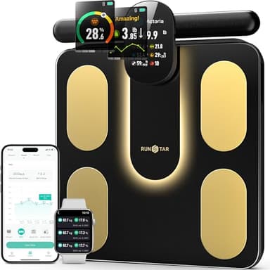 RunSTAR Balance Pese Personne Intelligent, Pèse Personne avec 8 Électrodes, IMC, Masse Grasse, 28 Mesures Corporelles, Écran TFT Couleur avec Poignée Rétractable