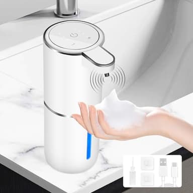 Distributeur de Savon Automatiqu,380ml Distributeur Savon Mural,Affichage Power,Étanche IPX5,Rechargeable par USB,Automatique avec Capteur Infrarouge pour Cuisine, Salle,Maison,Bureau,Hôtel(Blanc)