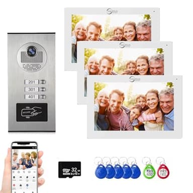 Interphone vidéo 4 Fils pour Appartement, 2/3/4/6/8/10/12 unités,Moniteur 7 Pouces 1080P,déverrouillage 3 en 1, interphone 2 Voies,détection de Mouvement pour Villa,Tuya (1 Sonnette + 3 Moniteur)