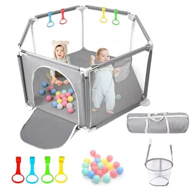CHOLY Parc pour bébé et tout-petits, parc hexagonal stable avec filet respirant, clôture d'activités pour enfants pour l'intérieur et l'extérieur avec sac de voyage (gris clair)
