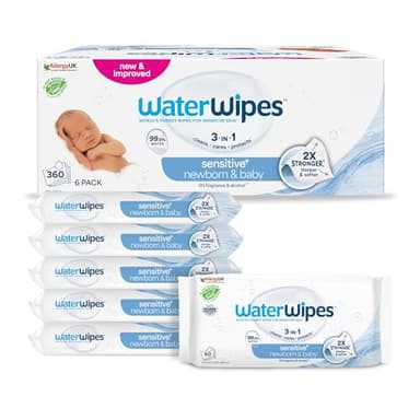 WaterWipes Sensitive+ Newborn & Baby Wipes, Lingettes Pour Nouveau-Nés et Bébés, 360 unités (6 paquets), 3-en-1 nettoie, soigne, protège, 99,9% d'eau, non parfumées