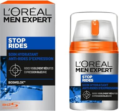 L'Oréal Men Expert - Soin Hydratant Visage Anti-Âge & Anti-Rides d'Expression pour Homme - Usage Quotidien - Technologie Boswelox - Tous Types de Peaux - Stop Rides - 50 ml