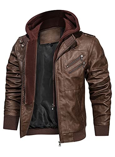 HOOD CREW Blouson de moto en similicuir avec capuche amovible pour homme, Brun, L