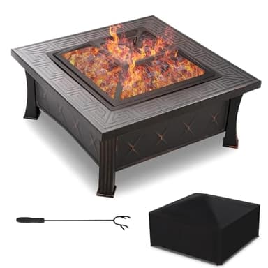 TLGREEN Brasero Exterieur, Foyer Barbecue, 3 en 1 Carré avec Housse Étanche, Grille et Tisonnier Pare-étincelles, pour Le Jardin, Camping, Chauffage de terrasse, 81x81x51 cm