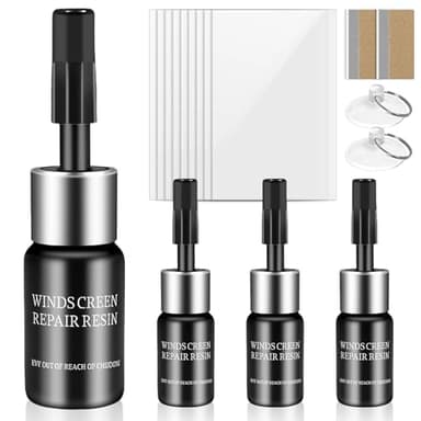 Klerbesh 4 Pièces Kit Réparation Pare Brise, Résine Verre Auto pour Impacts et Fissures, Comble Éclats en Étoile ou Oeil de Boeuf, Liquide de Réparation pour Verre (4Pcs)
