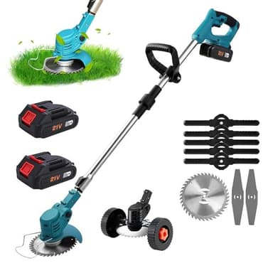 Tondeuse à Gazon éLectrique à Batterie,Tondeuse à Gazon Portative 21V Avec Roues,Tondeuse De Jardin Sans Fil Avec Barre RéGlable Pour Une Tonte Rapide Du Jardin,Piles Et Chargeur Inclus (2 * batterie)
