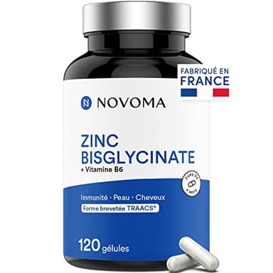 NOVOMA Zinc Bisglycinate 15 mg + Vitamine B6, 120 Gélules, Actif breveté TRAACS®, Immunité & Acné, Fabriqué en France