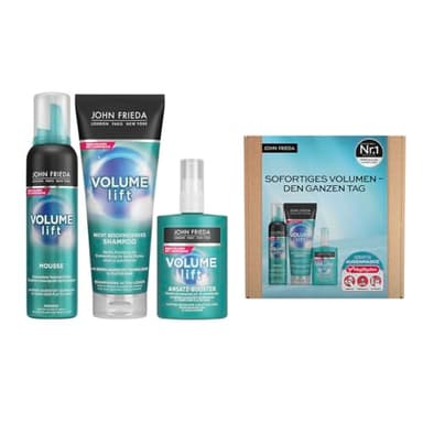 John Frieda Volume Lift Set avantageux – Contenu : shampooing, 250 ml + booster de racines, 125 ml + mousse Volume Lift 200 ml – Pour cheveux fins – Volume par coiffage