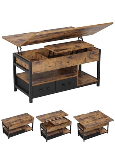 KIMENICH Table Basse Relevable, Table à Manger avec Plateau Pliant, avec 2 Tiroirs, avec Étagère de Rangement et Compartiment Caché, Tables Basse Extensible 3 en 1 pour Salon, Bureau (Marron)