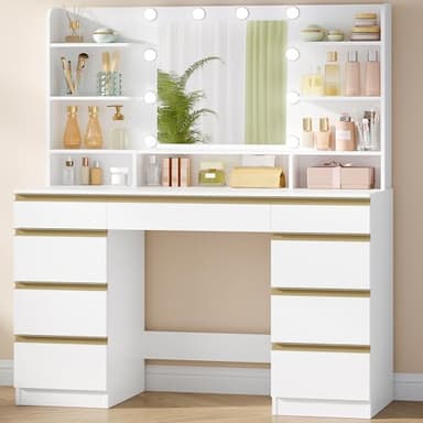 Hzuaneri Grande Coiffeuse avec Éclairage LED, 10 Boules Lumineuses LED, 3 Couleurs, Luminosité Réglable, Miroir, 9 Tiroirs, 9 Étagères Ouvertes, Blanc-Or DT35703X