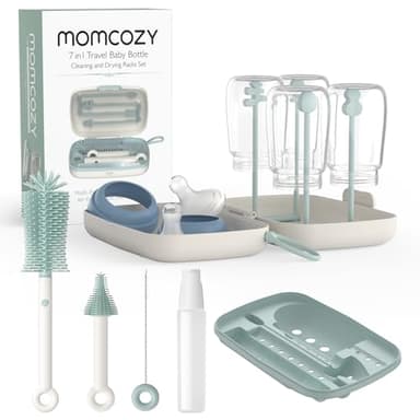 Momcozy Goupillon Biberon Silicone｜Kit Nettoyage Voyage avec Brosse Tétine + Écouvillon + Boîte de Rangement｜Support Séchage Intégré｜Prêt pour Sortie Bébé​