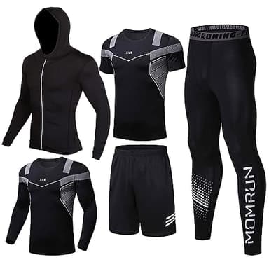 BOOMCOOL Ensemble de survêtement 5 pièces pour homme - Tenue de course à pied - Chemises à manches longues - Leggings et shorts - Vêtements de sport pour athlétisme, E1., XL