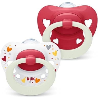 NUK Signature Night Lot de 2 tétines en silicone sans BPA en forme de cœur phosphorescentes dans le noir avec étui pour bébé de 6 à 18 mois Apaise 95% des bébés