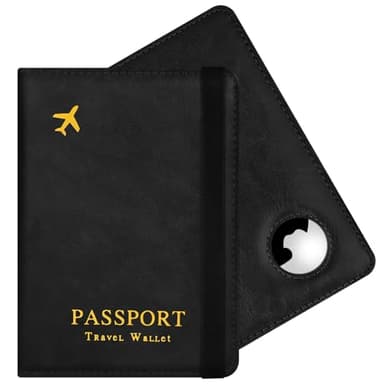 AOOSU Protege Passeport, Airtag Couverture de Passeport Pochette Passeports Porte en Cuir PU avec Protection Anti-RFID Portefeuilles de Passeports pour Documents de Voyage Billet d'avion-Noir