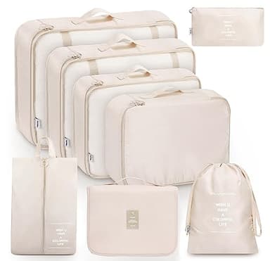 MURISE Packing Cubes 8 pièces, sacs à vêtements, organisateur de valises pour les vacances et les voyages, set de cubes d'emballage de voyage, système de rangement pour valises (Beige)