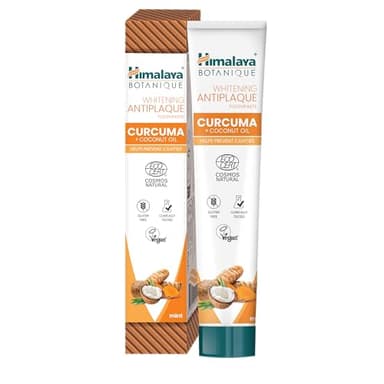 Ecocert Cosmos Natural certifié Himalaya Botanique Dentifrice Antiplaque Blanchissant aux Actifs Bio, Curcuma + Huile de Noix de Coco pour des Dents plus Brillantes | Sans fluor ni gluten, 75 ml