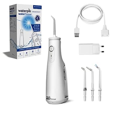 Waterpik Hydropulseur sans fil blanc, élimine la plaque dentaire et améliore la santé des gencives, rotation de la pointe à 360 degrés, couronnes et placages, chargeur USB (WF-10 UK)