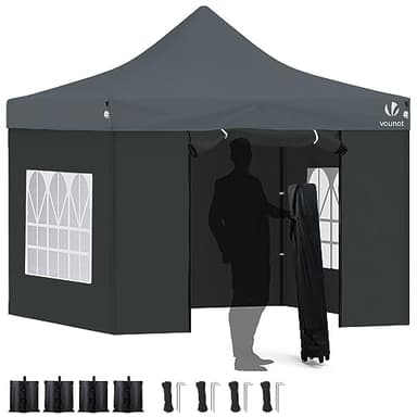 VOUNOT® Tonnelle de Jardin Pliante 3 * 3m Renforcé avec 4 Parois Mur fenêtre Tente en Polyester Imperméable pour Festival Jardin Camping Sac de Transport et Sacs de Sable Inclus Gris