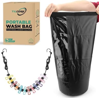 Sac Lave-Linge Manuel avec Corde à Linge Rétractable – Kit de Lavage Portable et Durable pour Voyage et Camping