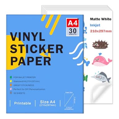 Papier Autocollant Vinyle Blanc Mat Imprimable Ruibytree Pour Imprimante À Jet D'encre - Format A4 (297 x 210 mm) Autocollant Imperméable Compatible Avec Cricut,Couleurs Vives (30 Feuillets)