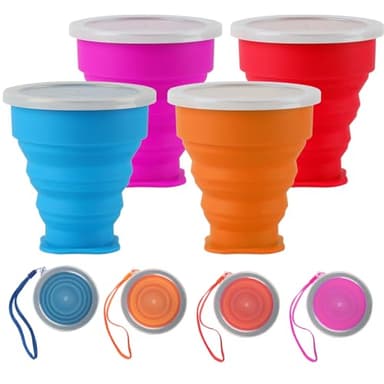 Tomoyuki 4 Pcs Gobelet Pliable de Voyage, Verre Pliable de Voyage, Tasse en Silicone Pliables, Gobelets de Camping Silicone Réutilisables Portables avec Couvercle pour Camping Pique-nique Randonnée