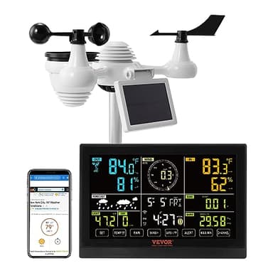 VEVOR Station Météo Wifi 7 en 1 Station Météo Sans Fil Intérieur Extérieur Solaire Grand Écran Couleur 7,5 po Station Météo Numérique Capteur pour Température Humidité Vitesse Direction de Vent Pluie