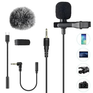 AGPTEK Microphone PC 3.5mm Jack Audio avec Clip et Fourrure Pare-Brise, 2m Mini Micro Cravate Interview Condensateur Omnidirectionnel avec CTIA Adaptateur et Adapter USB C, pour iPhone Samsung Xiaomi
