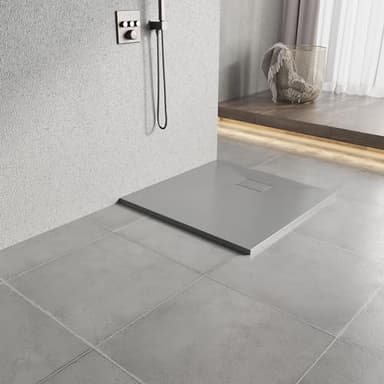 Heilmetz Receveur de Douche 90x90x2.6cm Bac de Douche en Verre-RéSine SMC, Bac à Douche avec Drain Inclus, pour Cabine Douche, Effet Pierre, Gris