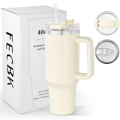FECBK Mug Isotherme avec Paille et Poignée 1.2L, Tasse Isotherme 100% Anti-fuite, 34 Heures Froid, 12 Heures Chaud, Gobelet en Acier Inoxydable, Lavable au Lave-Vaisselle, Beige