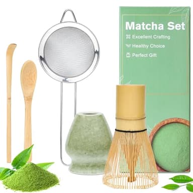 Alyvisun Matcha Kit, 5 Pièces Matcha Set avec Chasen et Support pour Fouet Matcha, Passoire, Cuillère à Thé, Spatule à Thé, Accessoire Matcha pour les Passionnés, Idéal pour Débutants et Amateurs