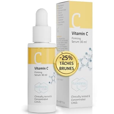 Serum Vitamine C Anti Taches Brunes Visage -25% de Tâches de Vieillesse en 3 Mois, + 57% de Collagene, Vitamine C Serum Visage 30ml, Serum Anti Tache Visage et Booster de Fermetée - Elemental Care