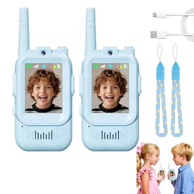 Talkie Walkie Enfants avec Vidéo & Caméra HD, Talkie-Walkie Rechargeable USB (650mAh), 4 Modes de Voix Changée, Portée 100-400m, Cadeau pour Garçons/Filles (Bleu x2)