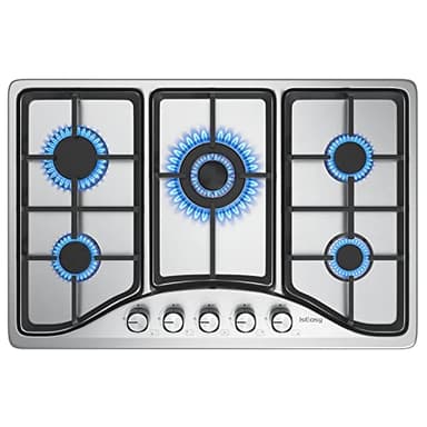 Plaque de Cuisson à Gaz 5 Feux Inox, Table de Cuisson Avec 5 brûleurs - Cuisinière Encastrable - Gaz Naturel/Propane/Butane (5 Brûleurs -Acier Inoxydable)