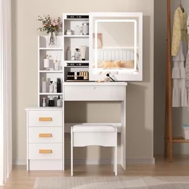 Coiffeuse avec Miroir LED et Tabouret – Coiffeuse Moderne 4 Tiroirs avec Rangement Caché, Miroir Lumineux à 3 Couleurs, Chaise Rembourrée pour Chambre ou Dressing