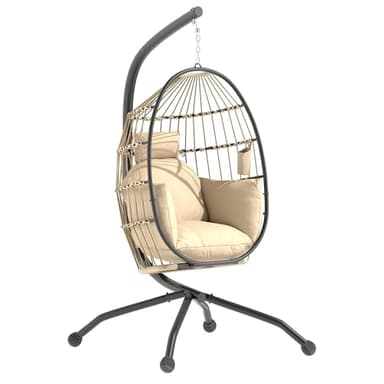 Outsunny Fauteuil Suspendu, Fauteuil Oeuf Suspendu Panier Pliable, Chaise hamac balançoire, avec Coussin rembourré, Oreiller, Porte-gobelet, pour intérieur et extérieur, Kaki