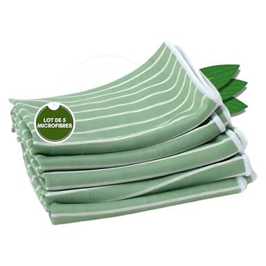Tech'N'Fast Chiffon Bambou - Essuyage vitre sans Trace, INOX, chromes, miroirs - Lot de 5 Microfibres - Dimensions 48x36cm - Couleurs : Vert-Bleu-Rose (Vert)