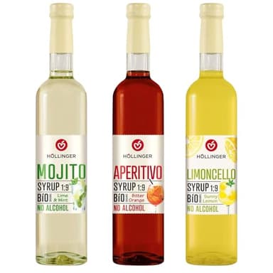 Höllinger Lot de 3 Sirops Bio Sans Alcool, Mojito Citron Vert & Menthe, Aperitivo Orange Amère, Limoncello Citron, 500ml Chacun, Ratio 1:9