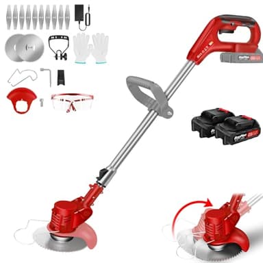 Débroussailleuse Electrique sans Fil, 21V Coupe Bordure avec 2 Batteries et Lames, Coupe Bordure sans Fil, Débroussailleuse à Batterie pour la Coupe de Jardin, Pelouses et Terres Agricoles, Rouge
