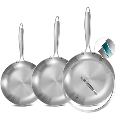 Inqibee Lot de 3 Poêles Inox 20/24/28 cm avec 1 Couvercle, Batterie de Cuisine en Acier Inoxydable, Nettoyage Facile au Lave-vaisselle, Compatible Four, Induction, Gaz et Tous Feux - Sans PFAS